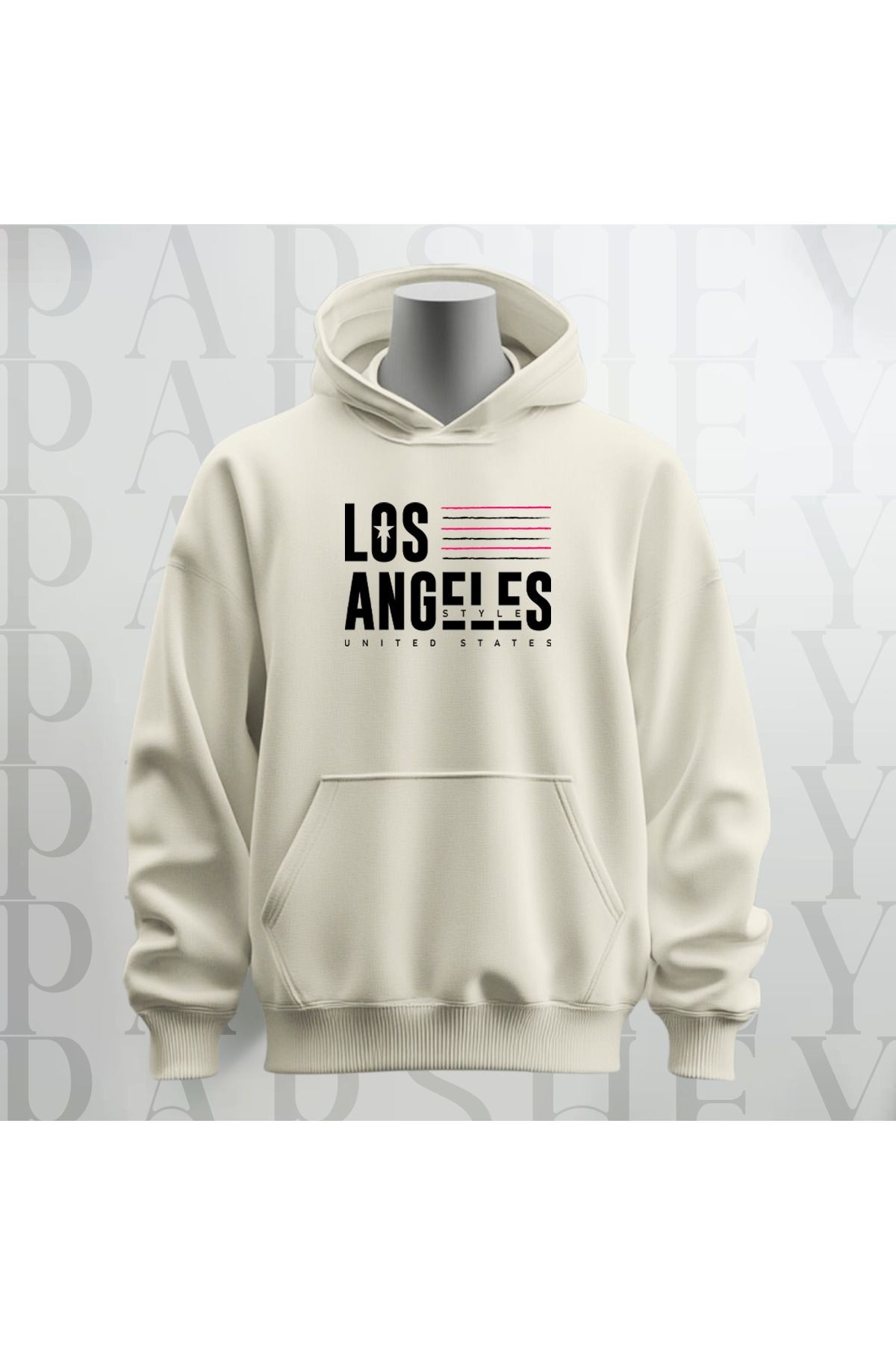 Los Angeles Yazı Baskılı Kapüşonlu Sweatshirt Hoodie Kalın Kumaş 3 İplik Şardonlu