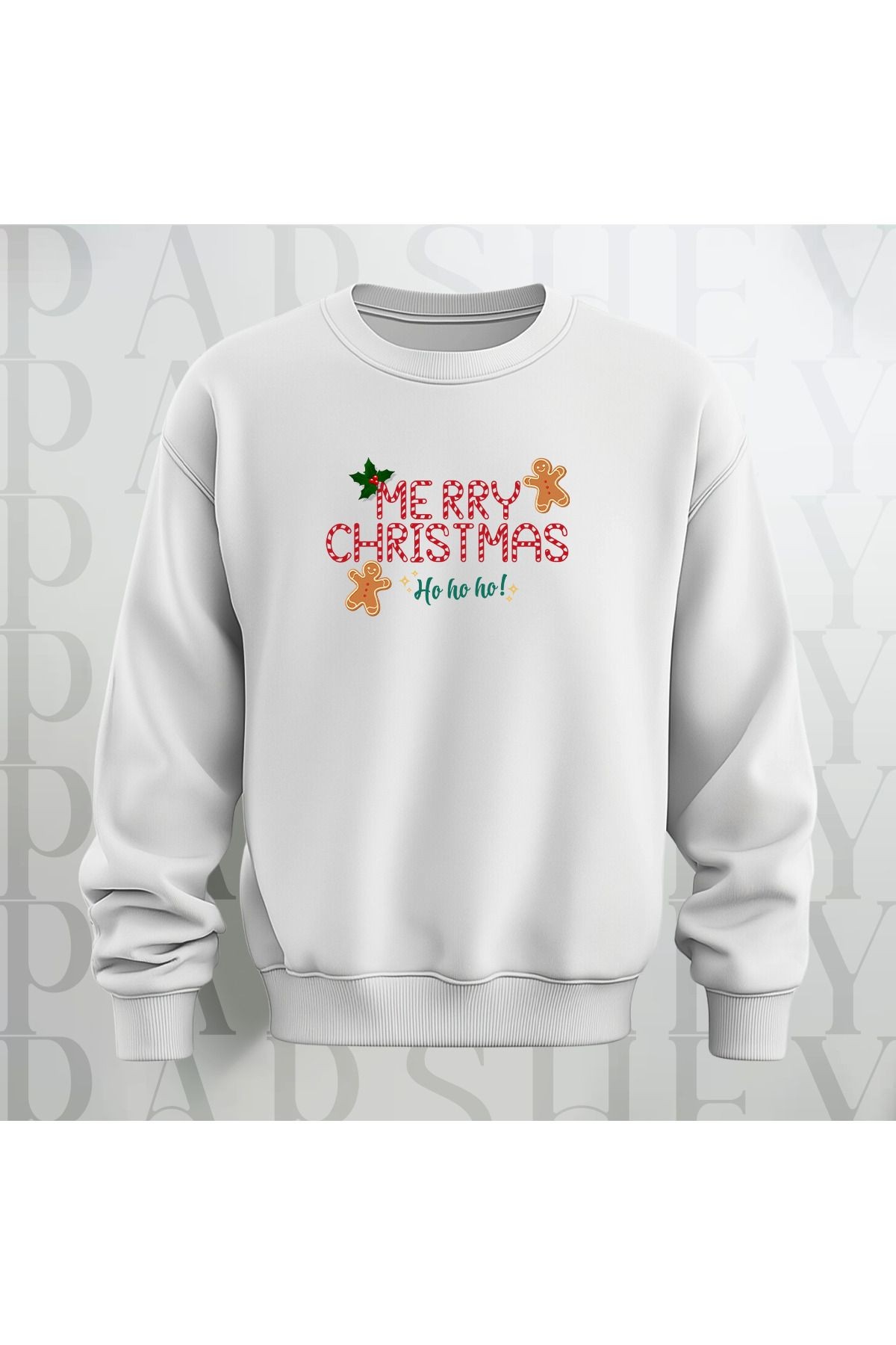 Merry Christmas Desenli Bisiklet Yaka Unisex Oversize Sweatshirt 3 İplik Şardonlu