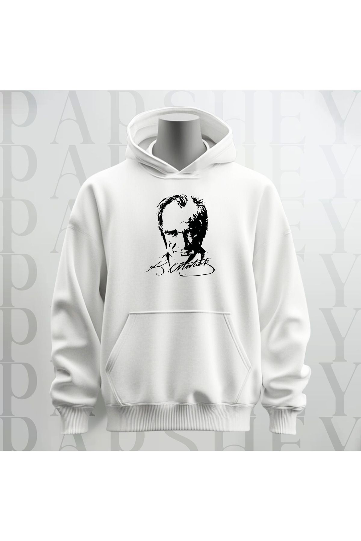 Mustafa Kemal Atatürk Baskılı Beyaz Kapüşonlu Sweatshirt Hoodie Kalın Kumaş 3 İplik Şardonlu