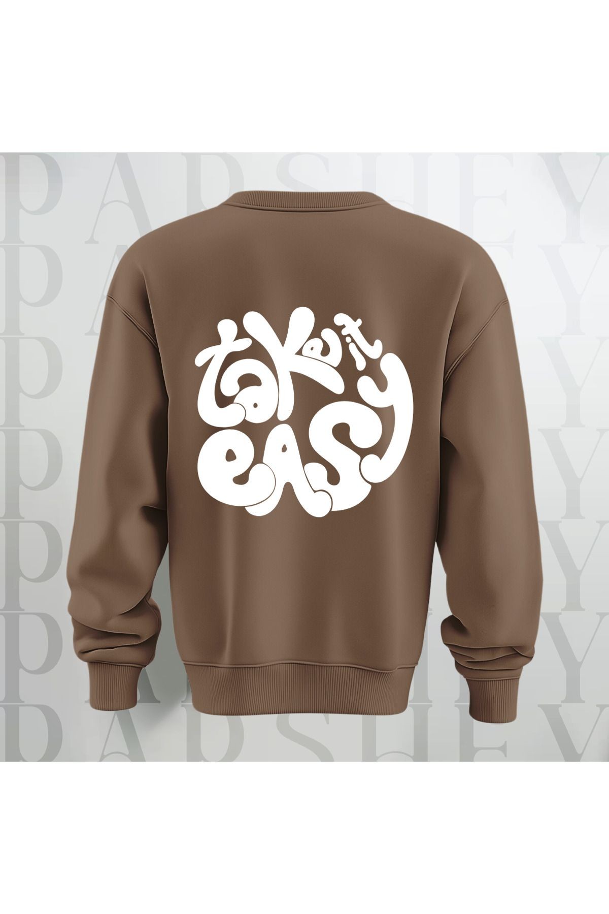 Take it Easy Yazı Sırt Baskılı Bisiklet Yaka Sweatshirt 3 İplik Şardonlu Oversize Kalıp Unisex