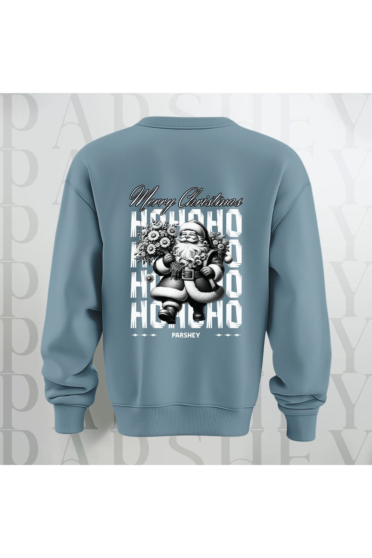 Merry Christmas Noel Baba Sırt Baskılı 3 İplik Şardonlu Oversize Bisiklet Yaka Sweatshirt