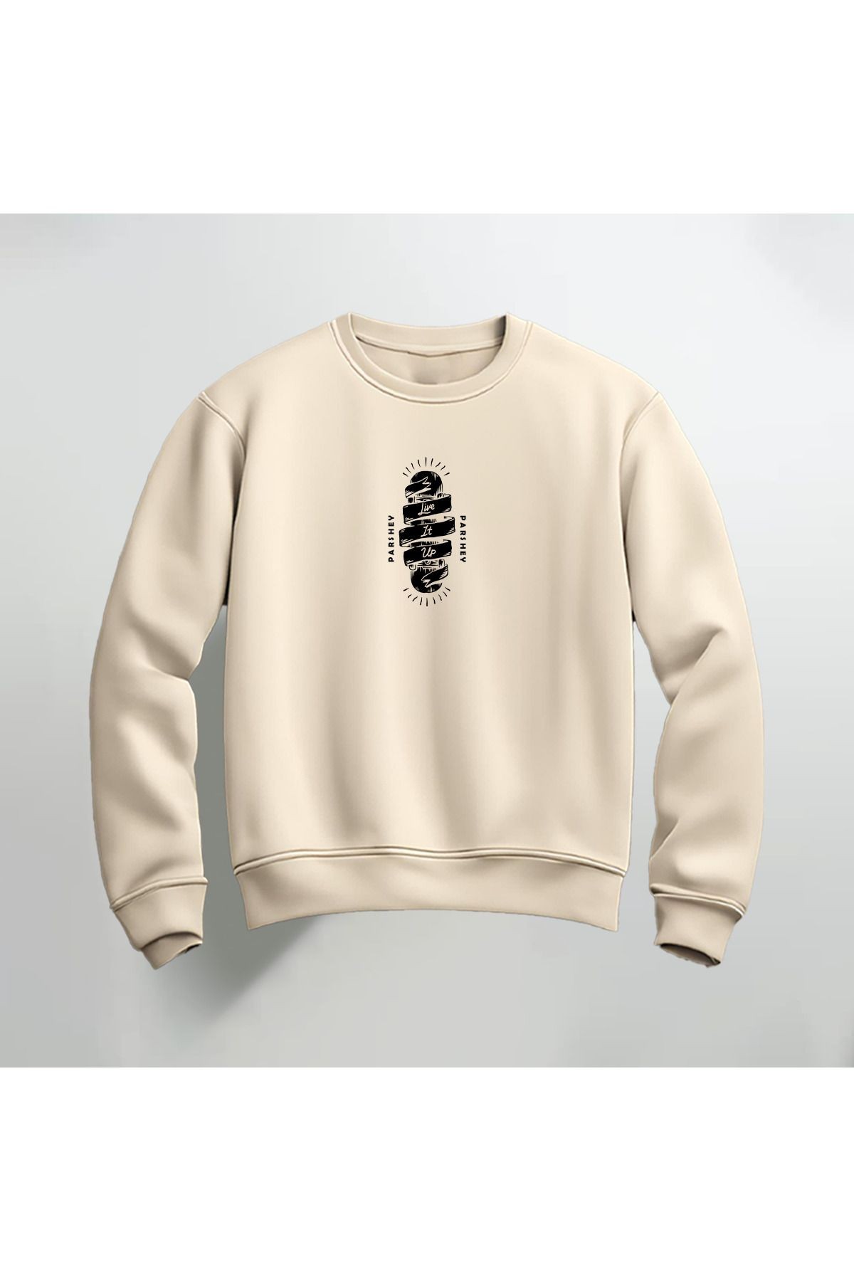 Live it Up Deseni Baskılı Bisiklet Yaka Sweatshirt Kalın Kumaş 3 İplik