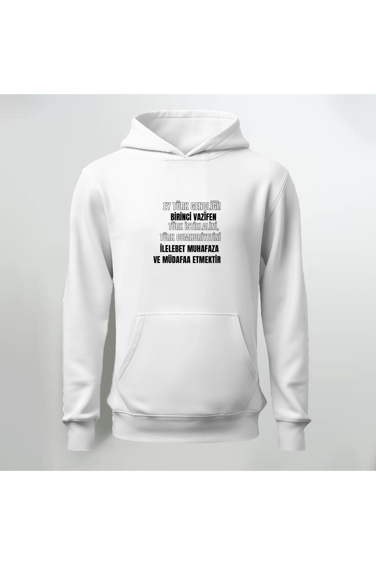 Ey Türk Gençliği Baskılı Beyaz Kapüşonlu Sweatshirt Hoodie Kalın Kumaş 3 İplik Şardonlu