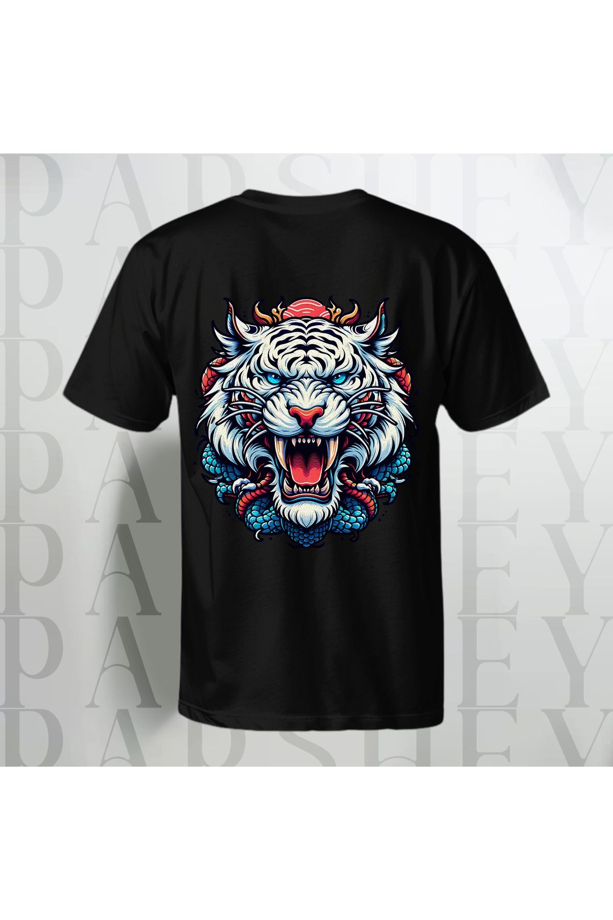 Tiger Sırt Baskılı Unisex Yarım Kollu Bisiklet Yaka %100 Pamuk Oversize T-shirt