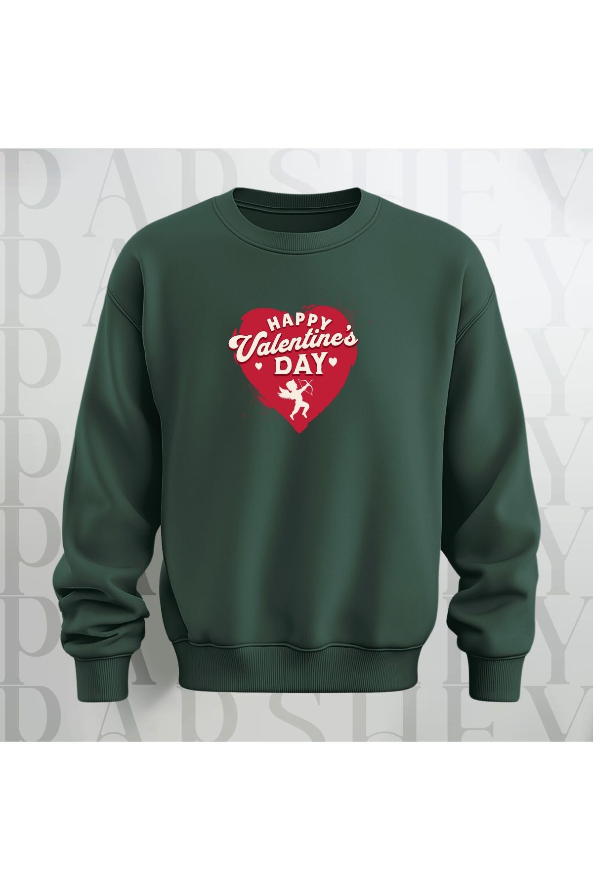 Happy Valentine's Day Kalp Desenli Oversize Bisiklet Yaka Sweatshirt 3 İplik Şardonlu