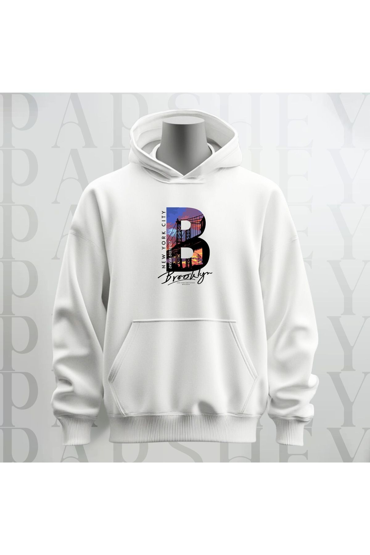 Brooklyn New York City Baskılı Kapüşonlu Sweatshirt Hoodie Kalın Kumaş 3 Iplik Şardonlu