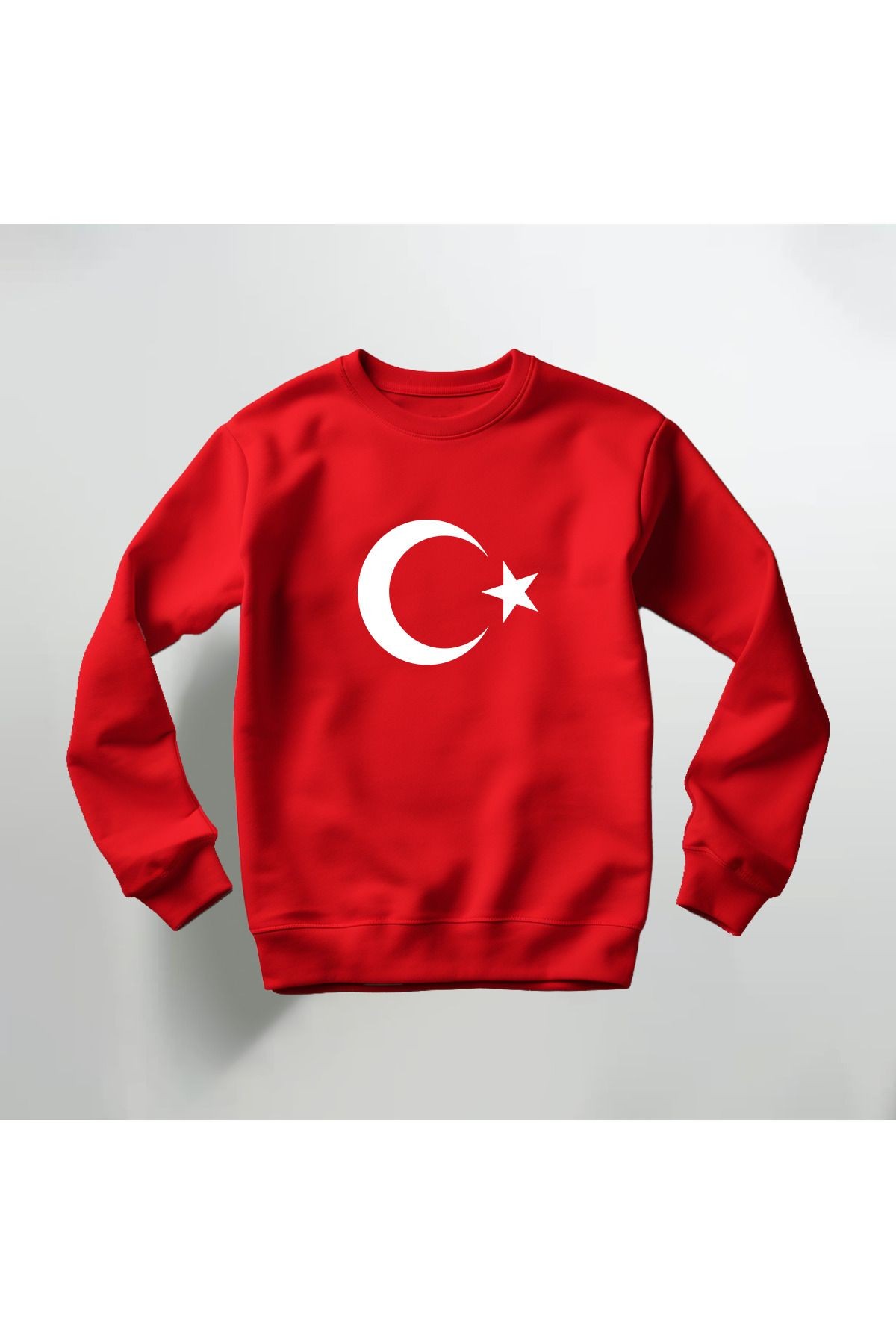 Ay Yıldız Baskılı Kırmızı Bisiklet Yaka Sweatshirt Kalın Kumaş 3 İplik