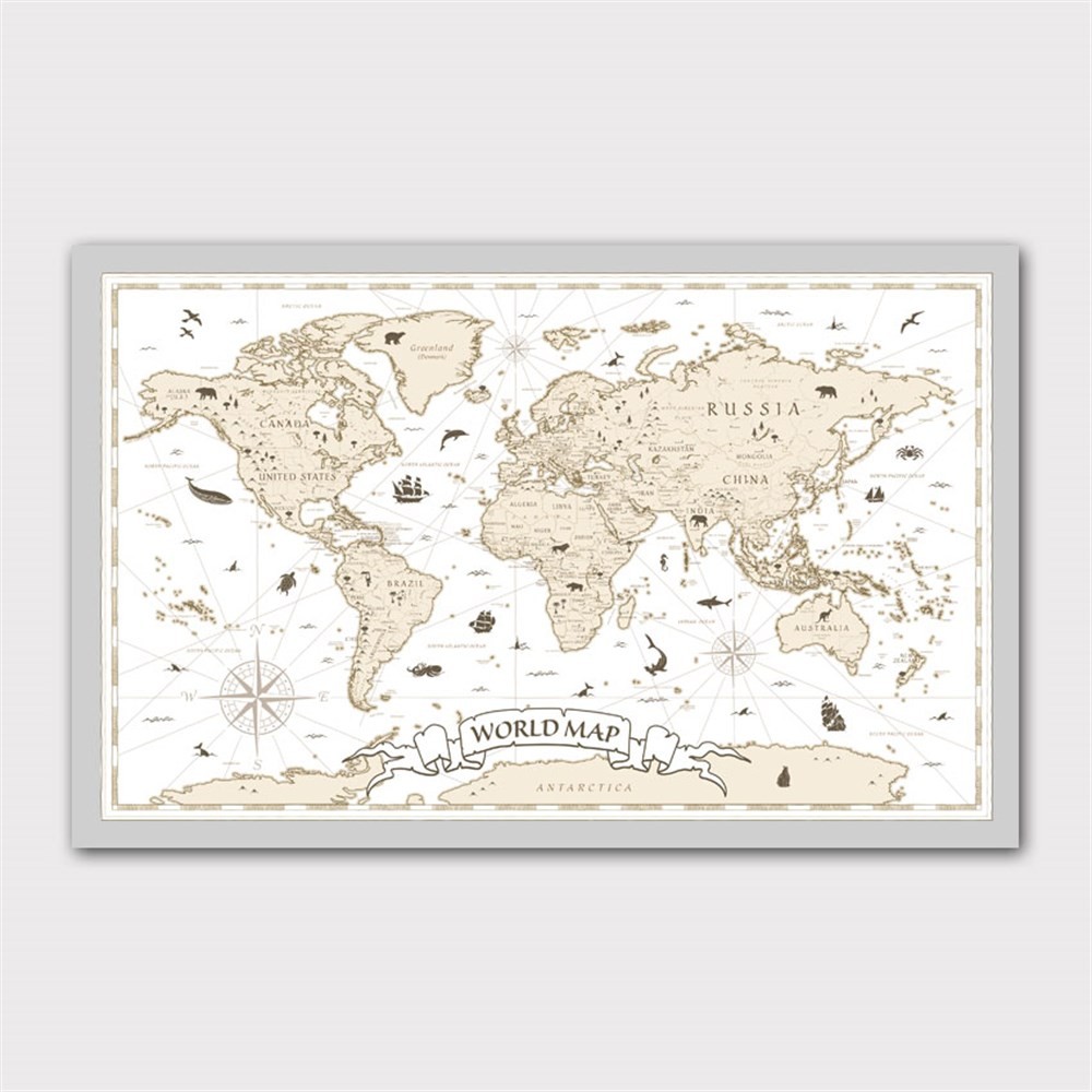 Beyaz Zemin Dünya Haritası Kanvas Tablo