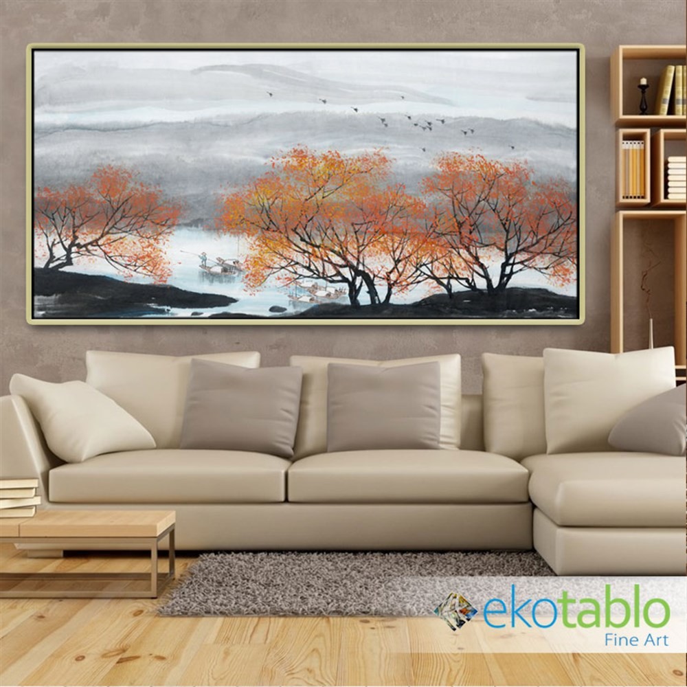 Turuncu Yapraklı Ağaçlar ve Dağlar Kanvas Tablo