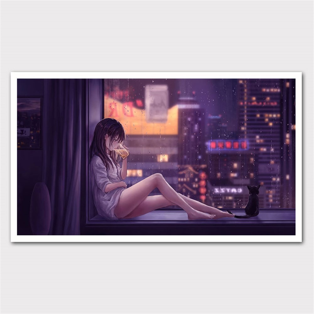 Camın Önünde Oturan Kız Anime Kanvas Tablo