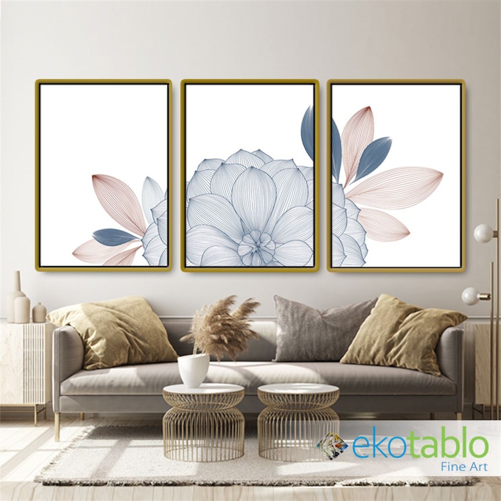 Soyut Yapraklı Mavi Çiçek 3'lü Kanvas Tablo main variant image