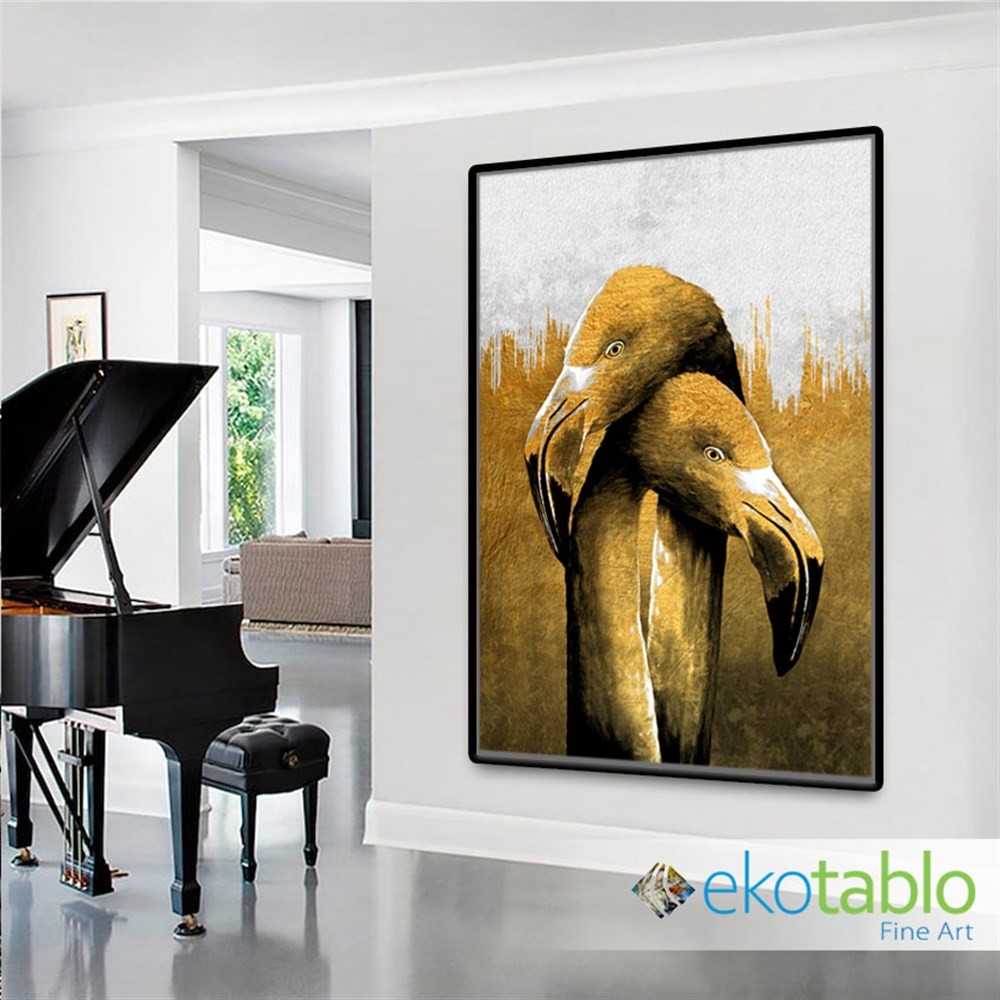 Birbirine Sarılan Altın Flamingolar Kanvas Tablo image