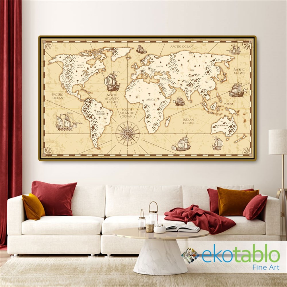 Resimli Sarı Dünya Haritası Kanvas Tablo