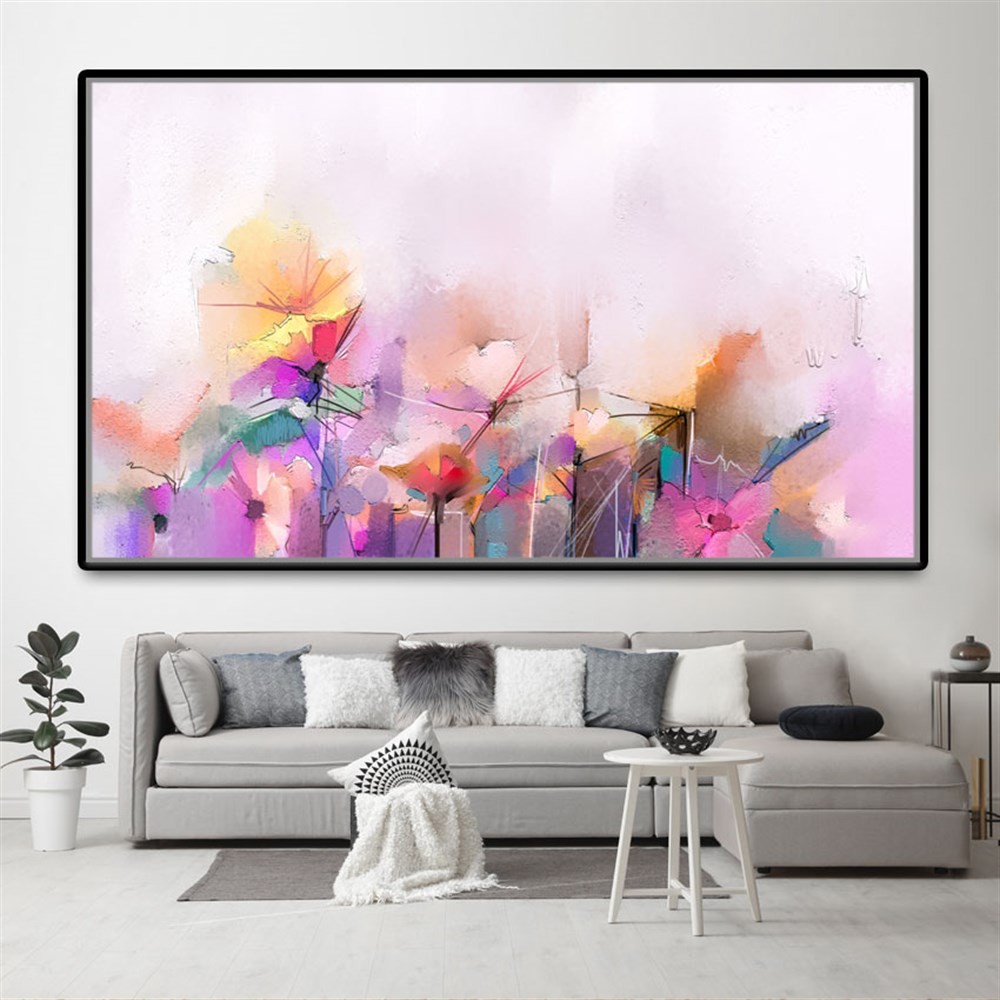 Pembe Turuncu Çiçekler Abstract Kanvas Tablo
