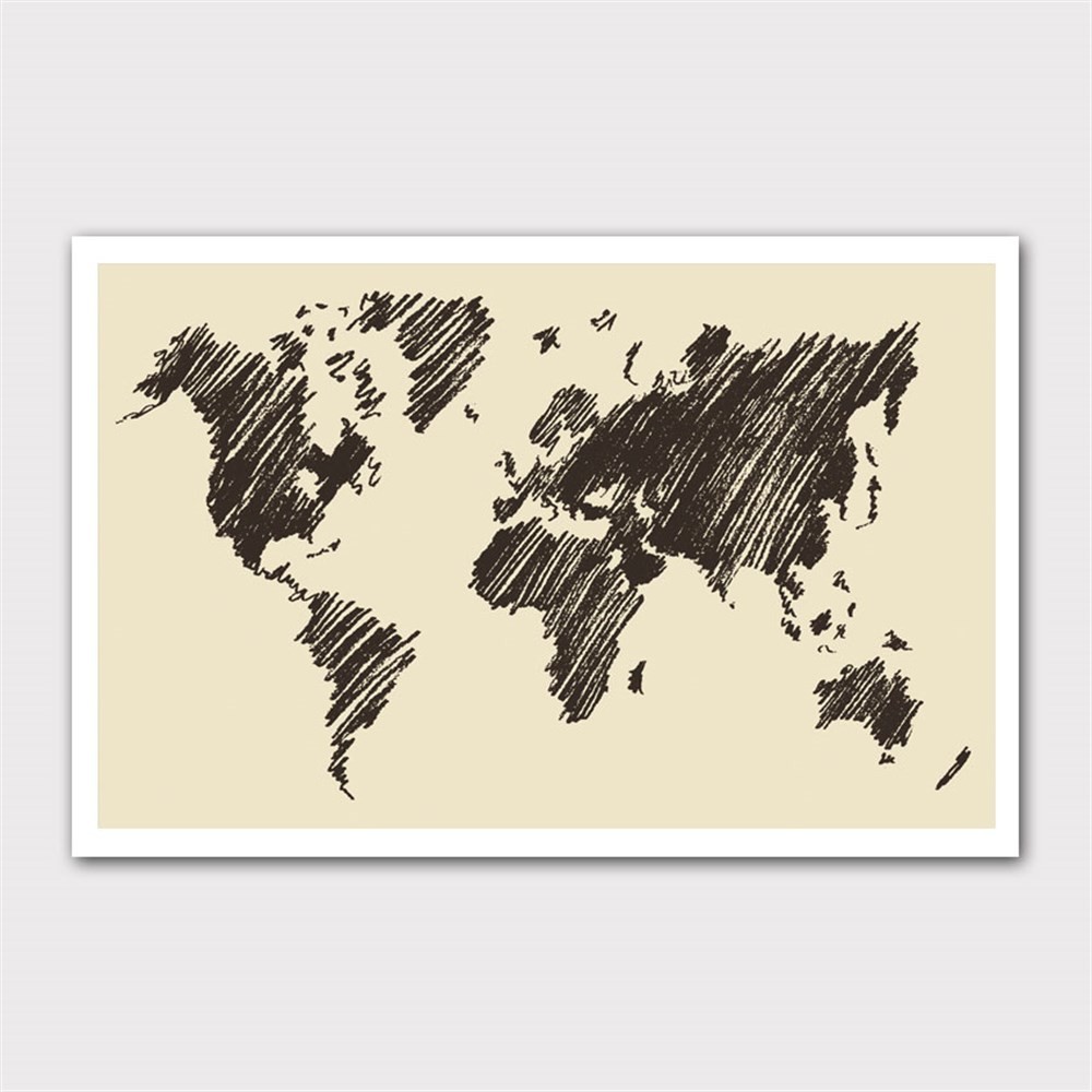 Karalama Dünya Haritası Kanvas Tablo