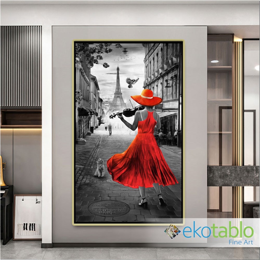 Kırmızı Elbiseli Kemancı Kanvas Tablo image