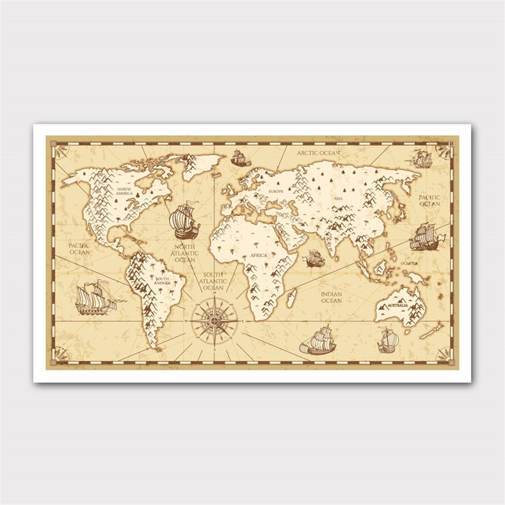 Resimli Sarı Dünya Haritası Kanvas Tablo
