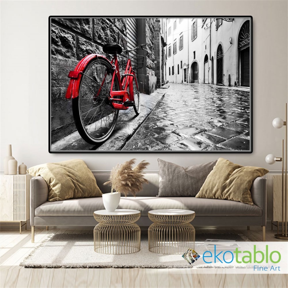 İtalya Sokaklarında Kırmızı Bisiklet Kanvas Tablo