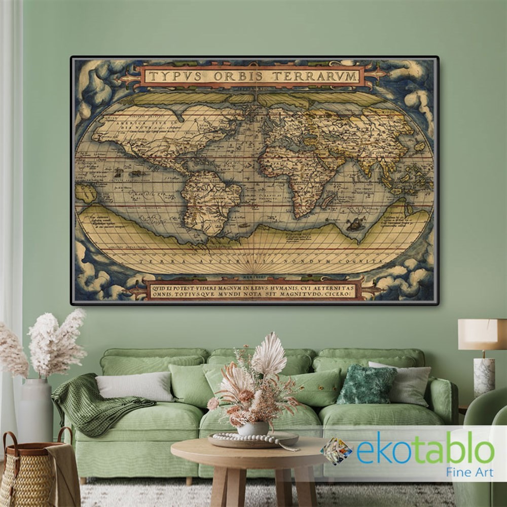 Latince Yazılı Oval Dünya Haritası Kanvas Tablo