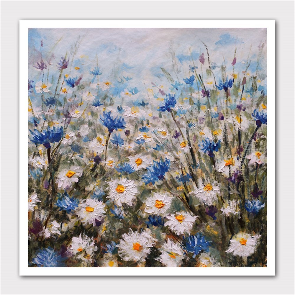Beyaz Papatya ve Mavi Çiçekler Kanvas Tablo