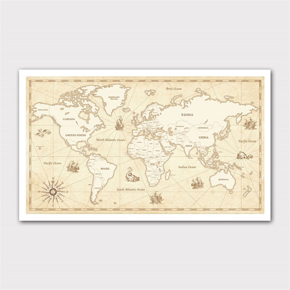 Açık Sarı Dünya Haritası Kanvas Tablo