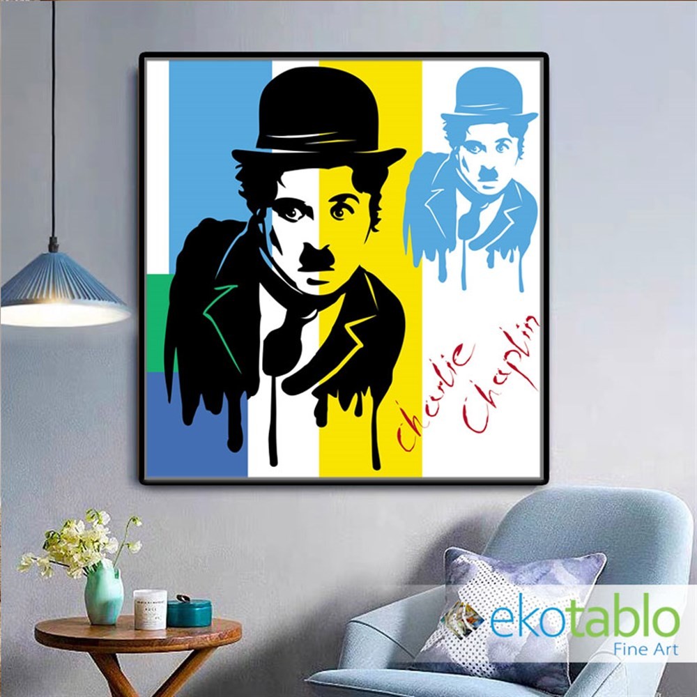 Mavi Sarı Fonlu Chaplin Kanvas Tablo