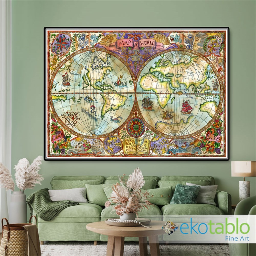 Renkli El Boyama Dünya Haritası Kanvas Tablo main variant image