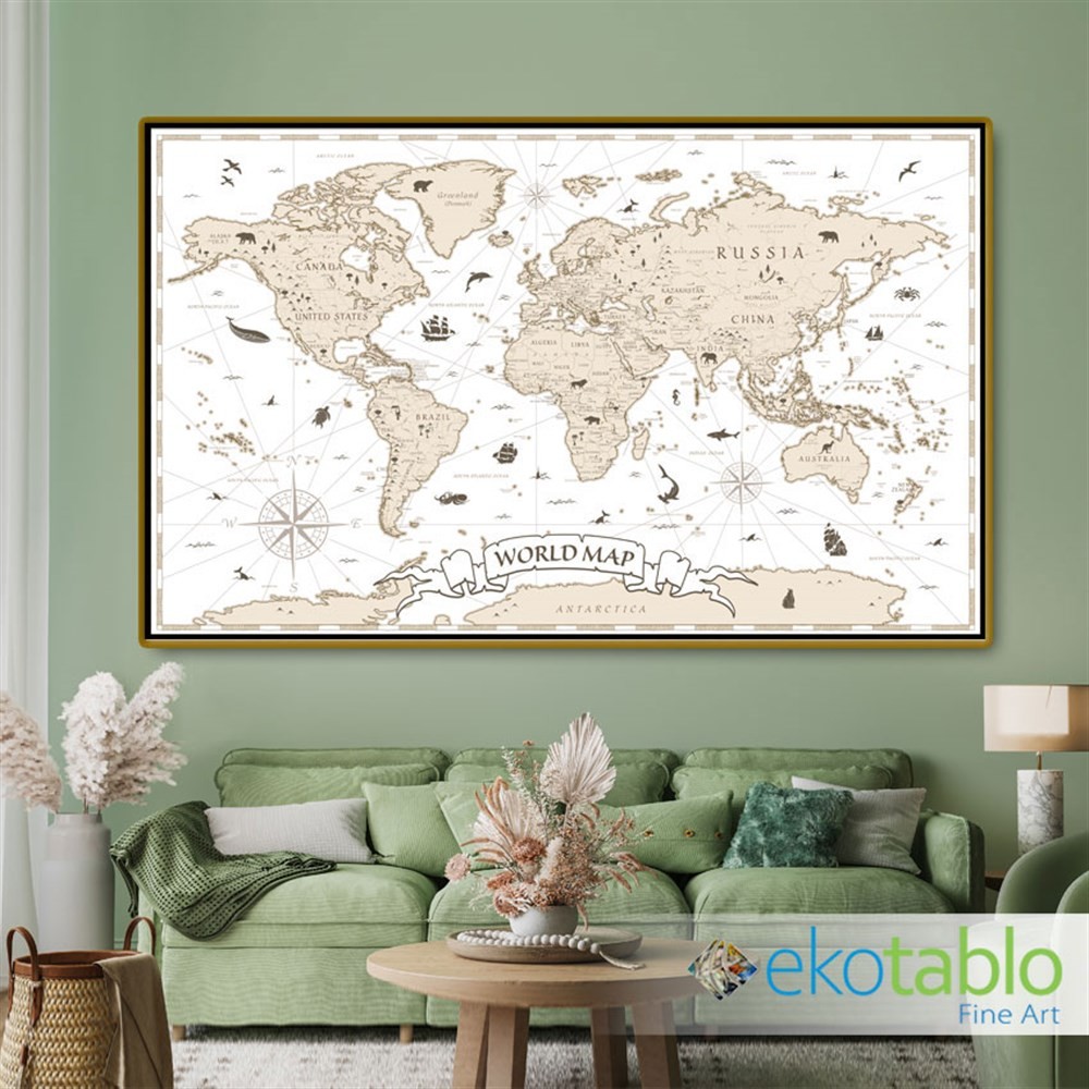 Beyaz Zemin Dünya Haritası Kanvas Tablo