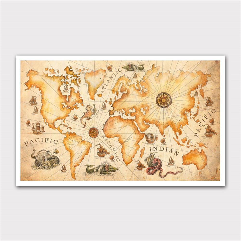 Okyanus Adları ve Dünya Haritası Kanvas Tablo