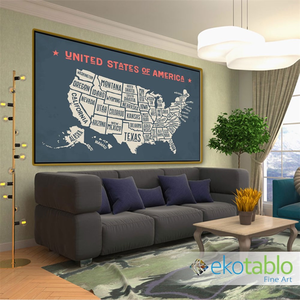 Siyah Zemin ABD Eyalet Haritası Kanvas Tablo