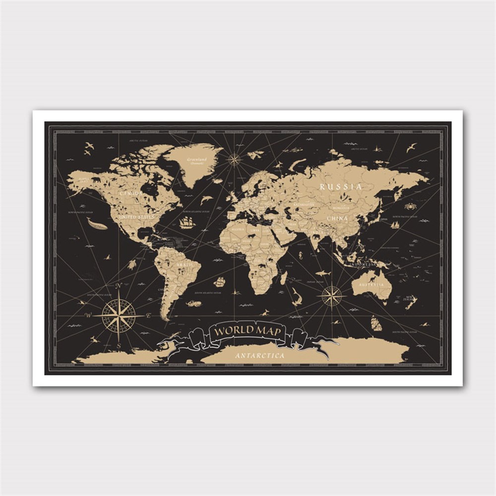Siyah Üzerine Sarı Dünya Haritası Kanvas Tablo