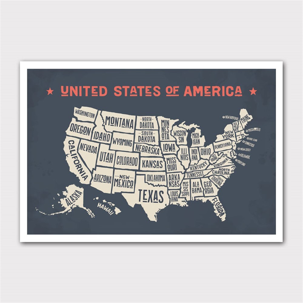 Siyah Zemin ABD Eyalet Haritası Kanvas Tablo