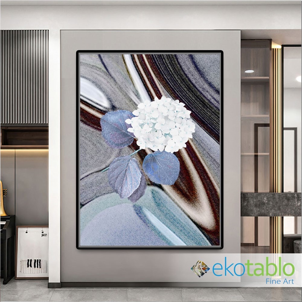 Soyut Mavi Yapraklı Beyaz Çiçek Kanvas Tablo main variant image