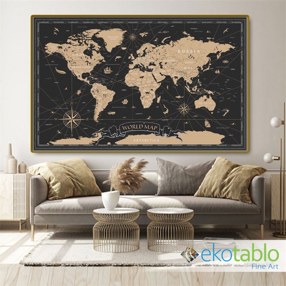 Siyah Üzerine Sarı Dünya Haritası Kanvas Tablo