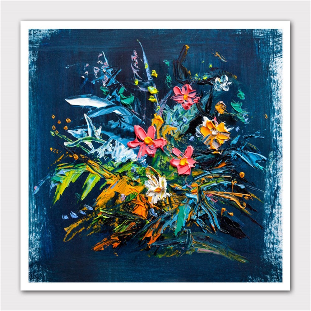 Soyut Mavi Turuncu Çiçekler Kanvas Tablo
