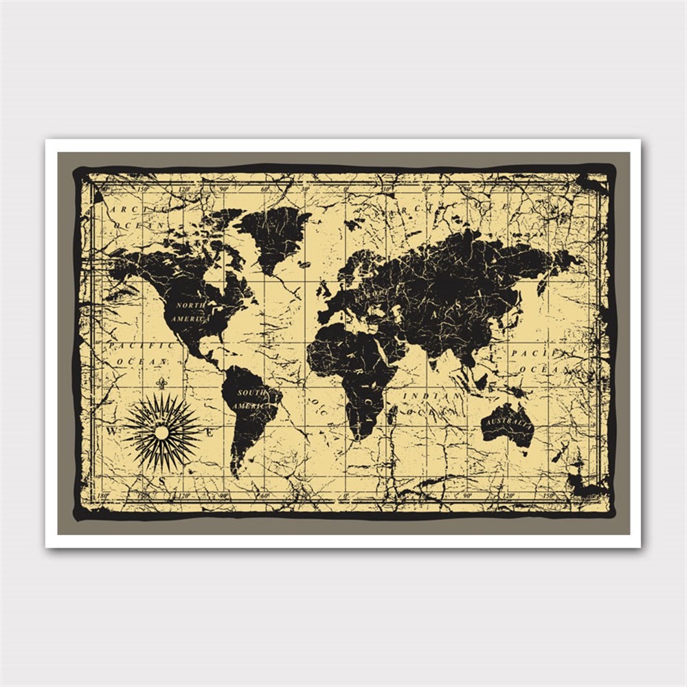 Sarı Siyah Dünya Haritası Kanvas Tablo