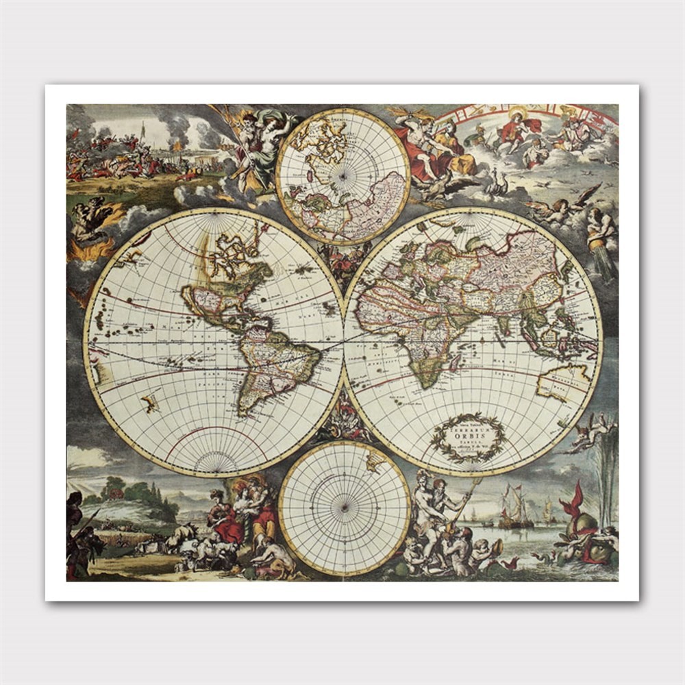 Farklı Açılardan Resimli Dünya Haritası Kanvas Tablo