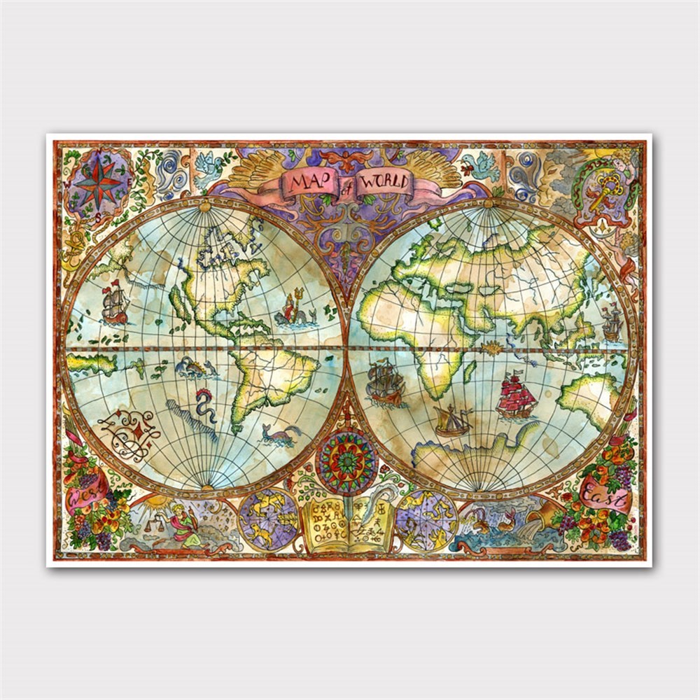 Renkli El Boyama Dünya Haritası Kanvas Tablo