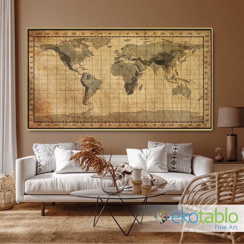 Enlem ve Boylamlı Dünya Haritası Kanvas Tablo image