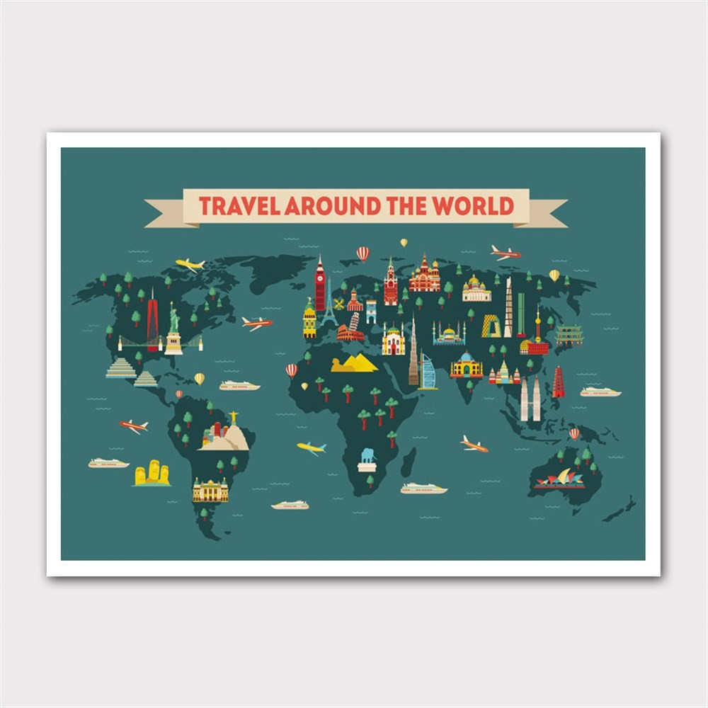 Dünya Haritası Turistik Yerler Kanvas Tablo