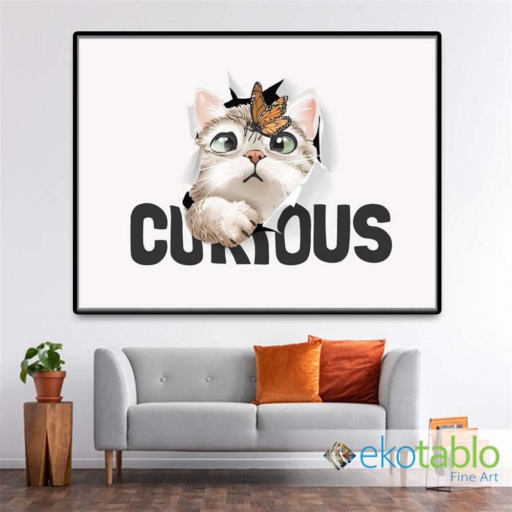 Meraklı Kedi ve Kelebek Kanvas Tablo image