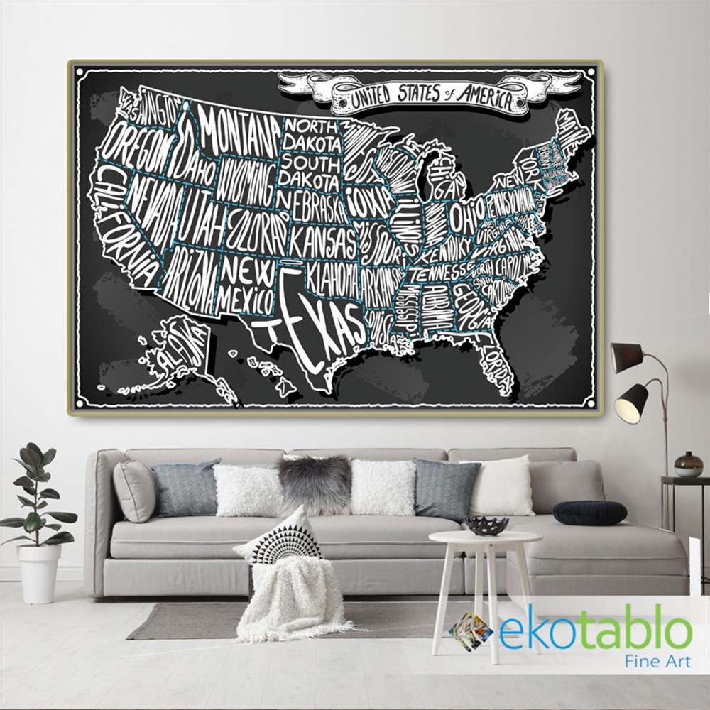 ABD Haritası Ve Eyaletleri Kanvas Tablo