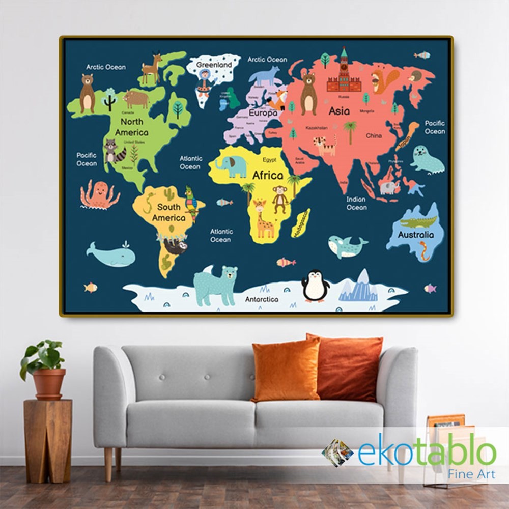 Dünya Haritası ve Ülke Hayvanları Kanvas Tablo