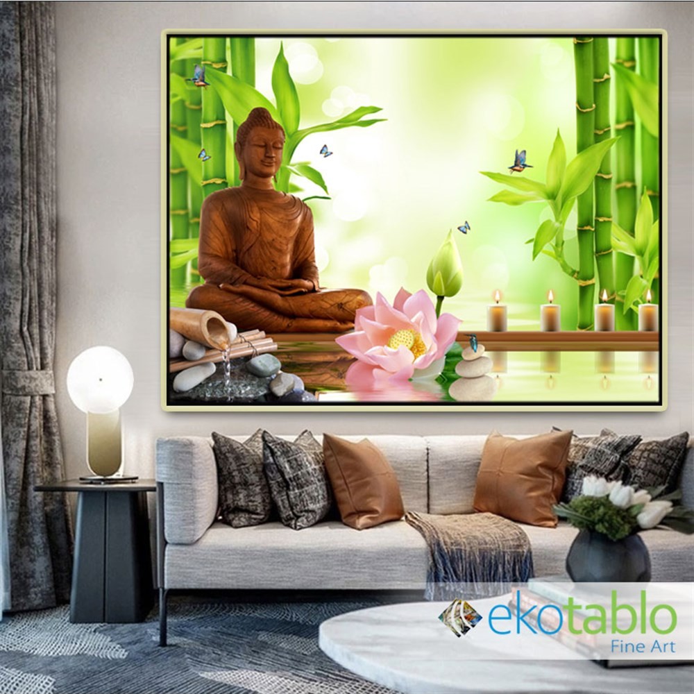 Buddha Kelebekler ve Çiçek Kanvas Tablo