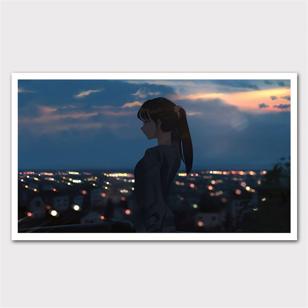 Günbatımı Şehri Seyreden Kadın Anime Kanvas Tablo