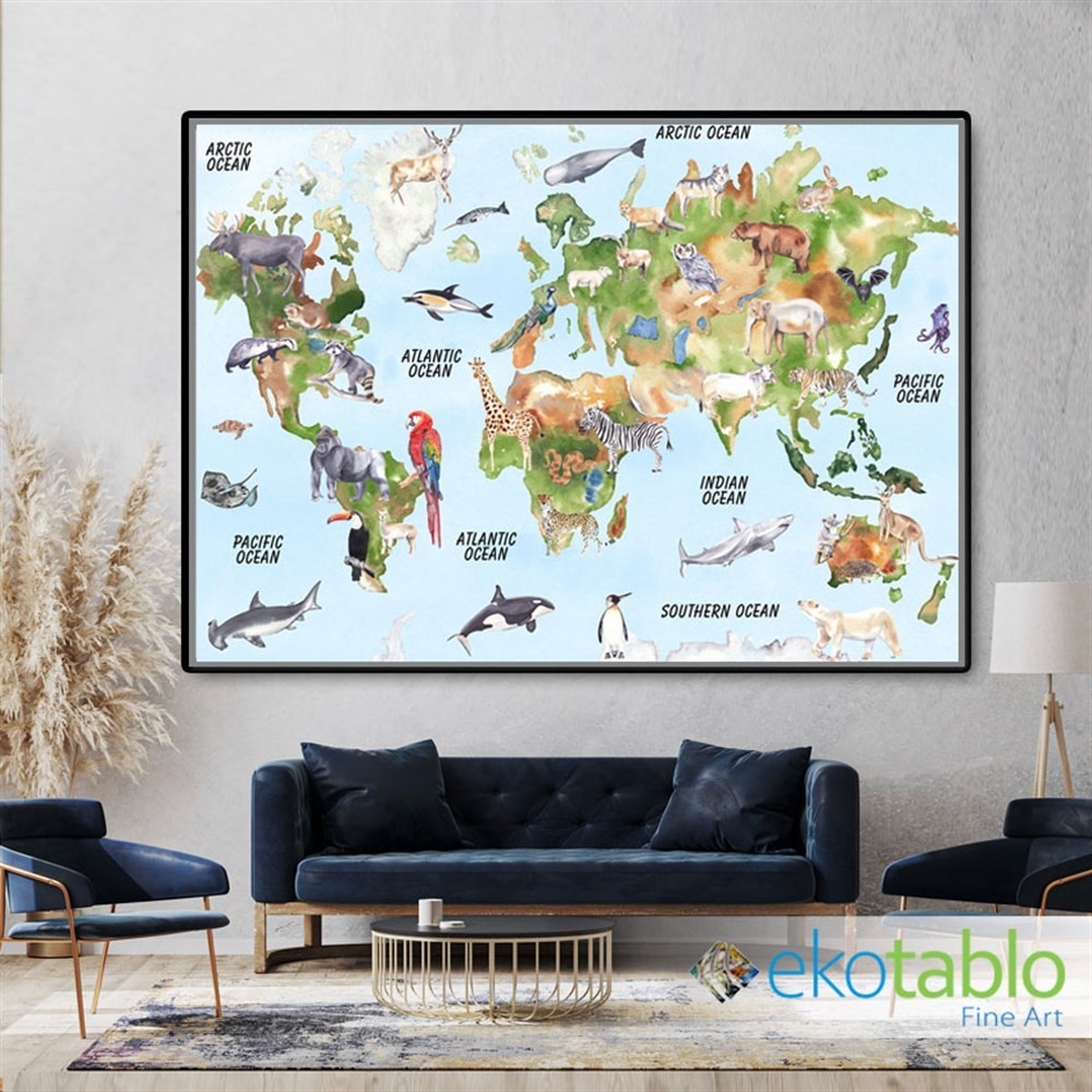 Dünya Haritası ve Bölgesel Hayvanlar Kanvas Tablo main variant image