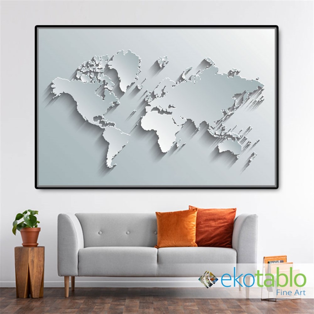 Beyaz Kabartmalı Dünya Haritası Kanvas Tablo