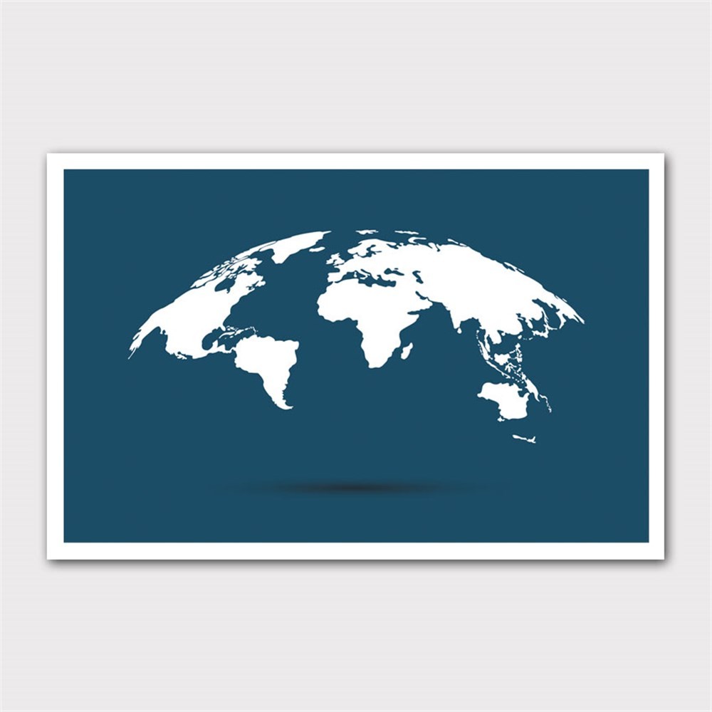Mavi Fonlu Yarımküre Dünya Haritası Kanvas Tablo