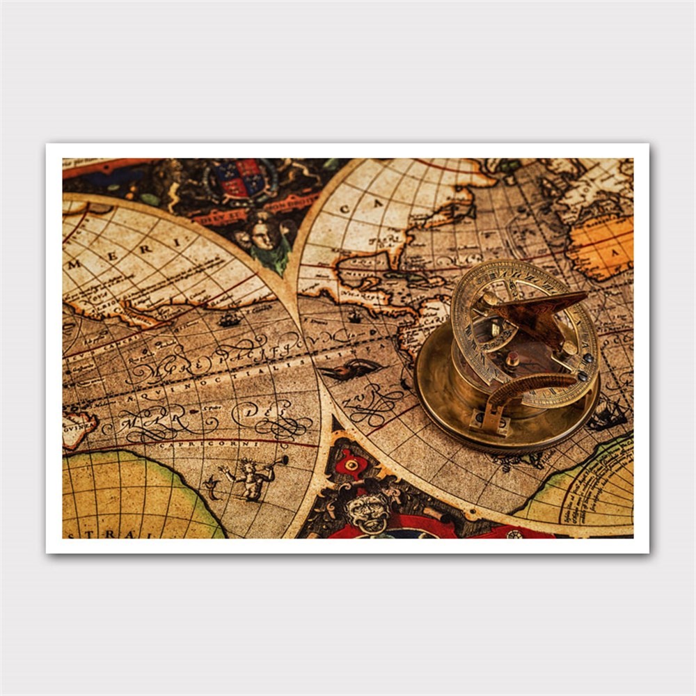 Yarımküre Haritalar ve Yıldız Pusulası Kanvas Tablo