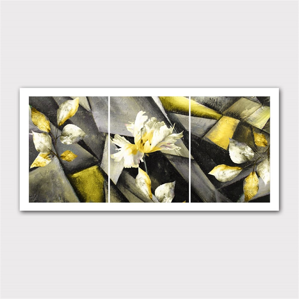 Sarı Yapraklı Beyaz Çiçek 3'lü Kanvas Tablo